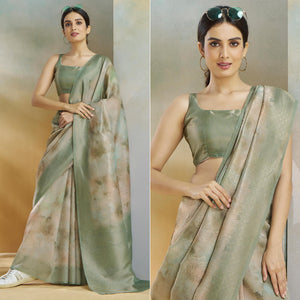 Green Woven With Digital Printed Linen Saree