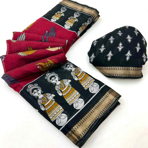 Maroon Folk Art Soft Mulmul Cotton Saree with Traditional Motifs