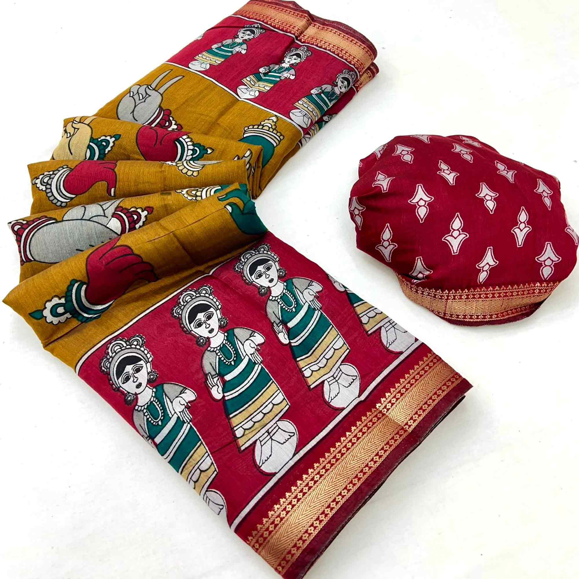 Mustard Folk Art Soft Mulmul Cotton Saree with Traditional Motifs