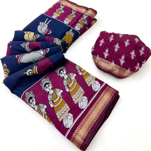 Blue Folk Art Soft Mulmul Cotton Saree with Traditional Motifs