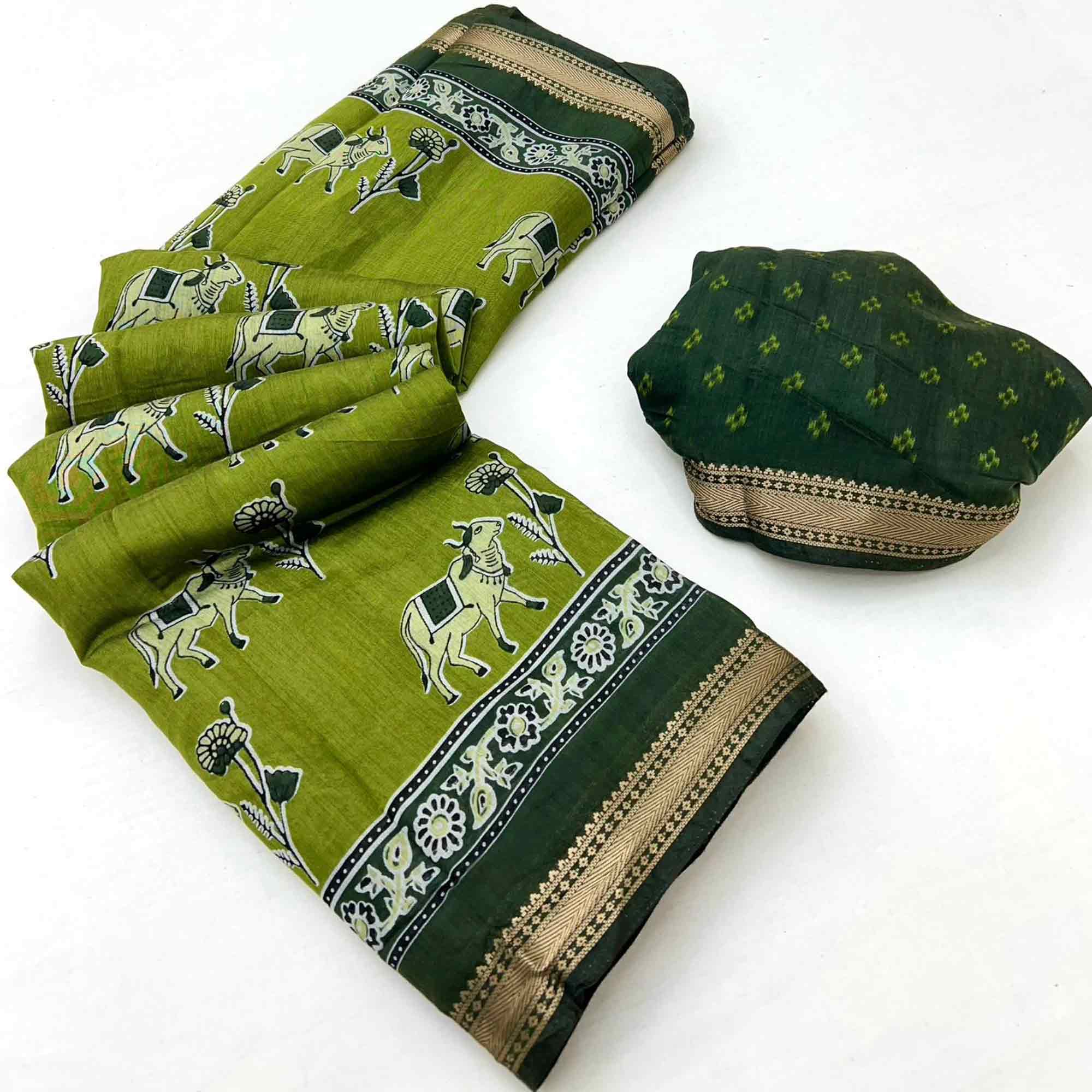 Green Rustic Handblock Folk Printed Mulmul Cotton Saree