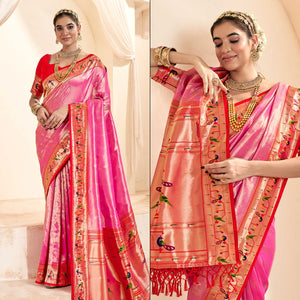 Pink Woven Tissue Paithani Saree With Tassels