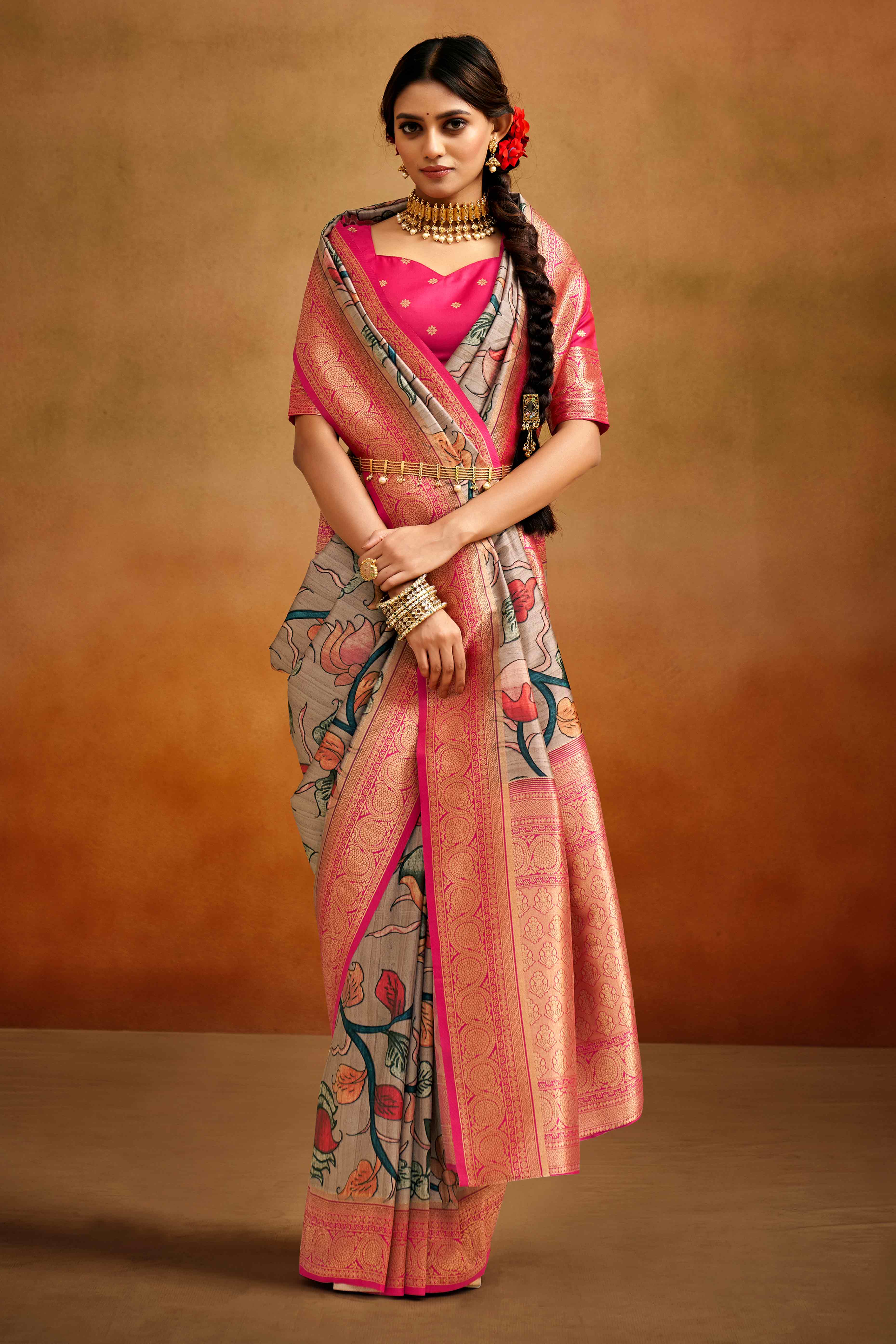 Light Mauve Kalamkari Printed Tussar Silk Saree With Banarasi Border