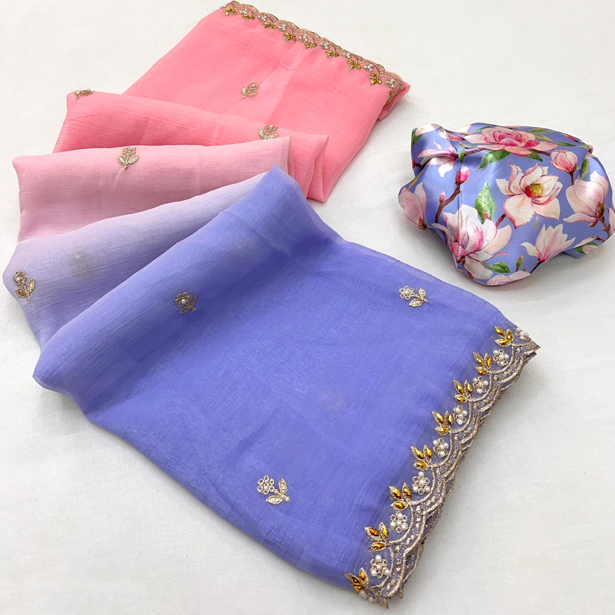 Ombre Peach & Violet Georgette Drape with Embroidered Florals