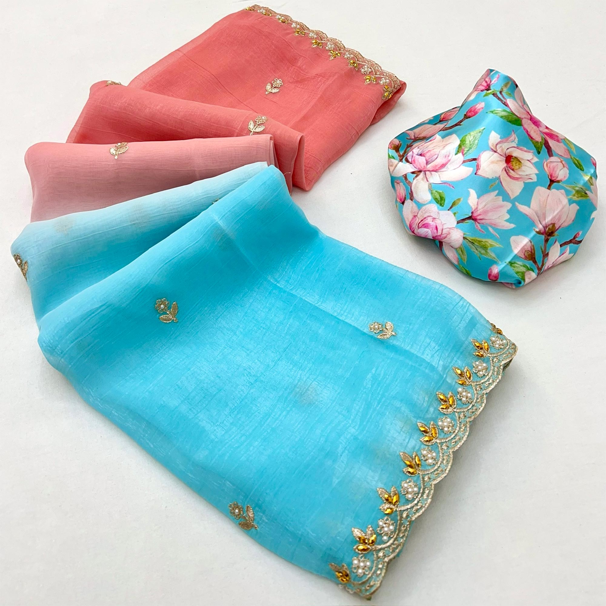 Ombre Peach & Blue Georgette Drape with Embroidered Florals
