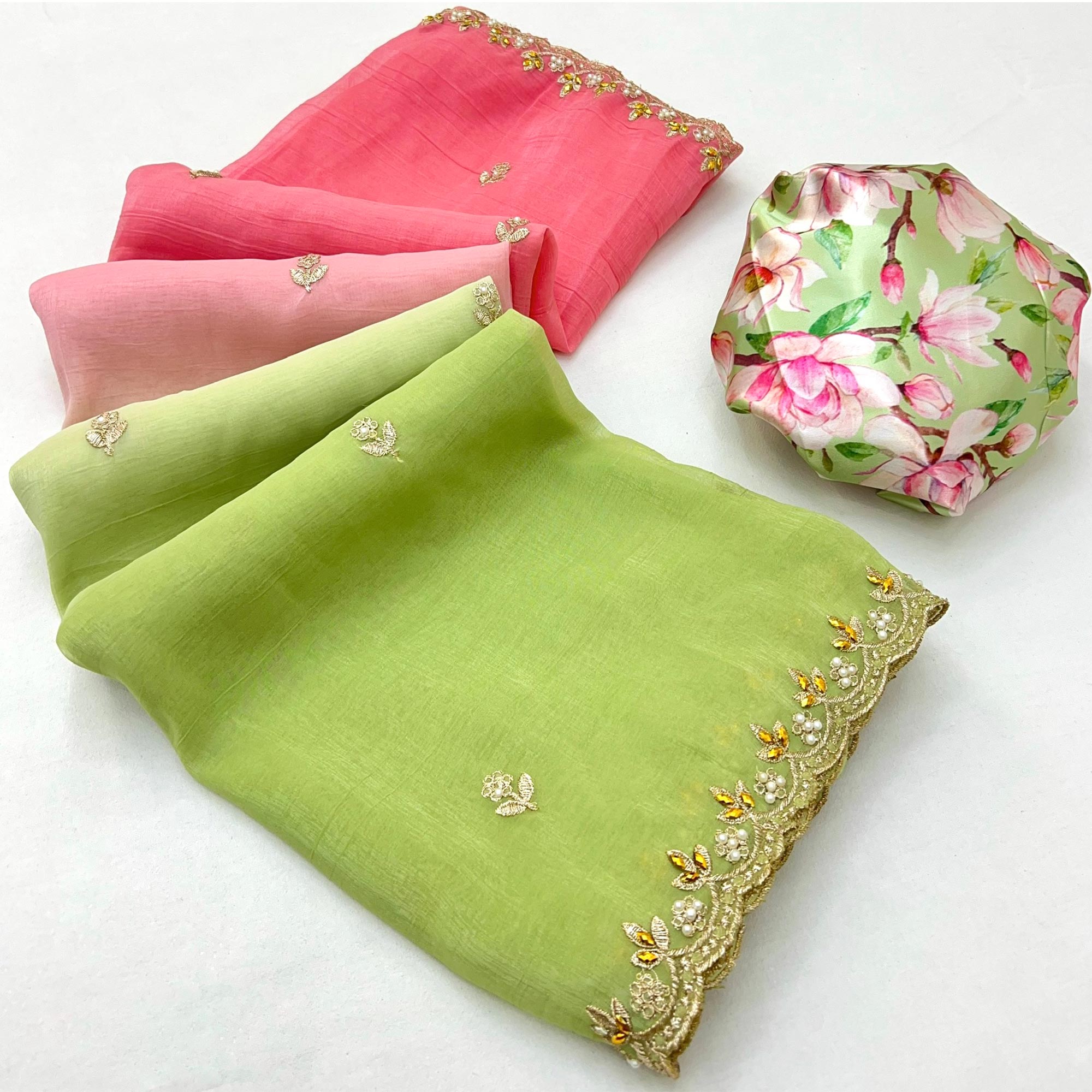 Ombre Pink & Green Georgette Drape with Embroidered Florals