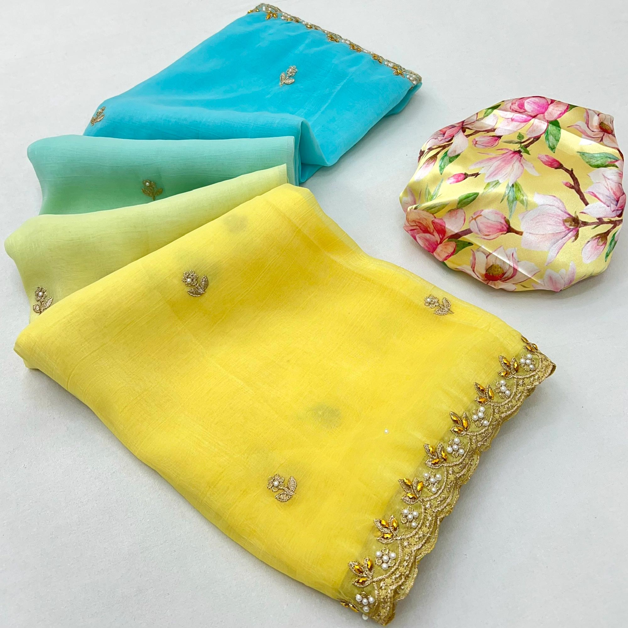 Ombre Blue & Yellow Georgette Drape with Embroidered Florals