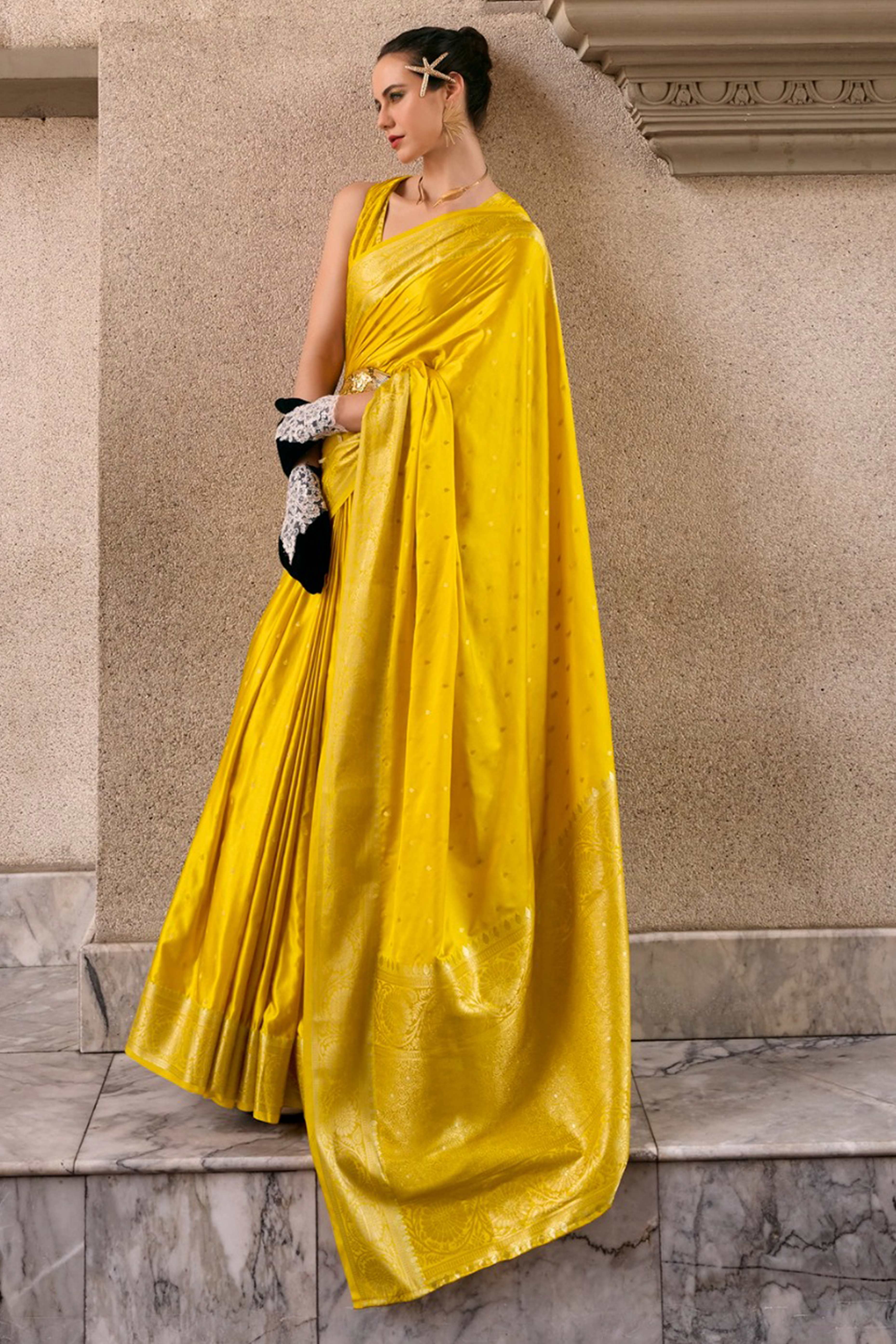 18Yellow Satin Saree with Floral Zari Weaving