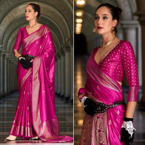 Rani Pink Floral Woven Satin Silk Saree