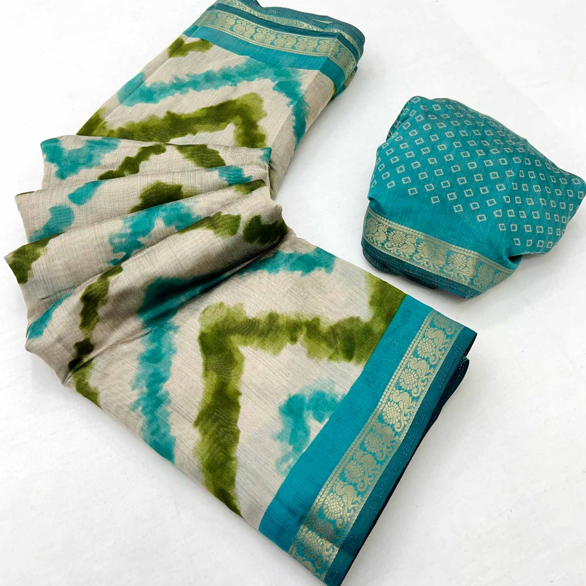 Off White & Turquoise Dual Shade Saree with Artistic Leheriya Prints in Cotton Silk