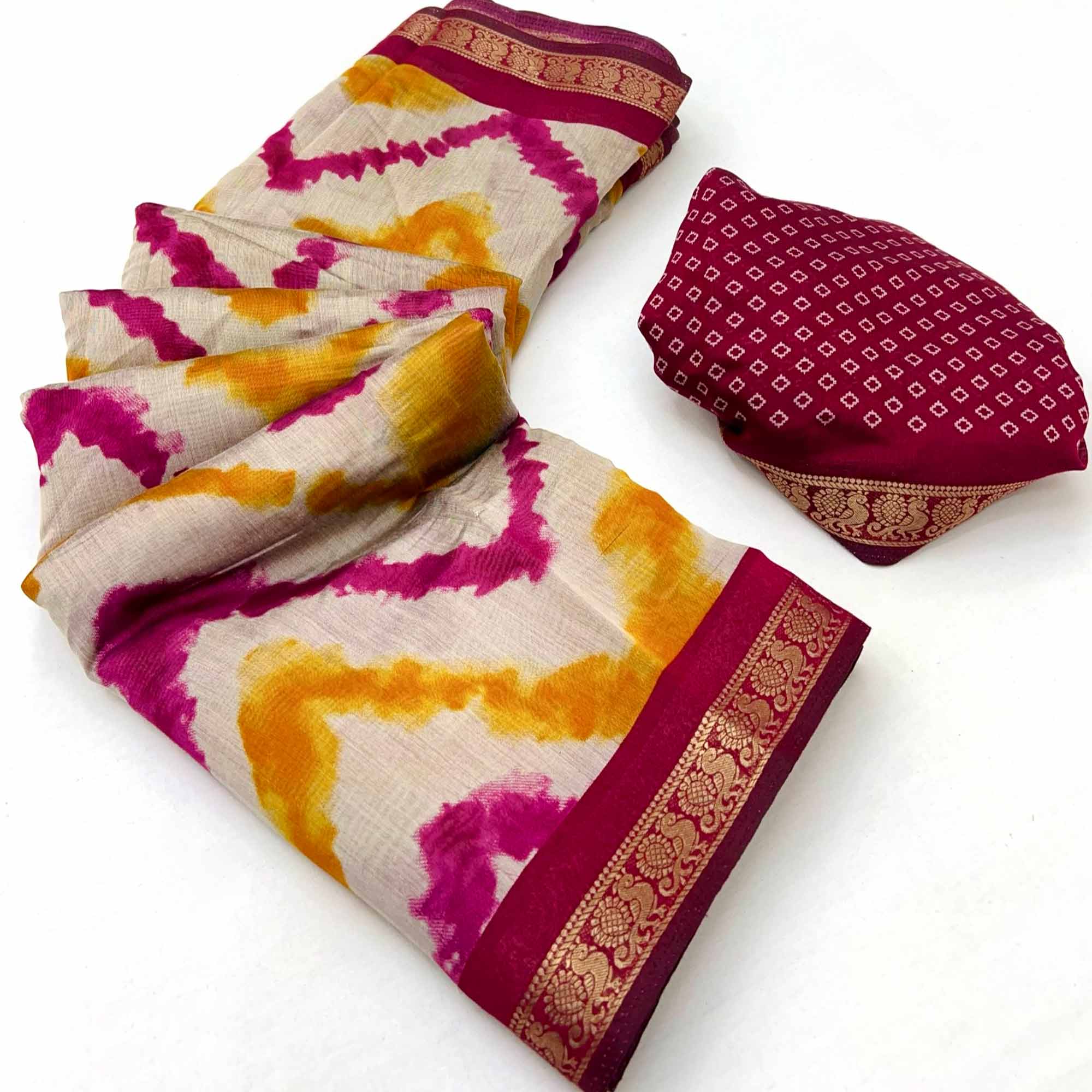 Off White & Pink Dual Shade Saree with Artistic Leheriya Prints in Cotton Silk