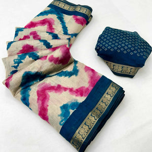 Off White & Blue Dual Shade Saree with Artistic Leheriya Prints in Cotton Silk