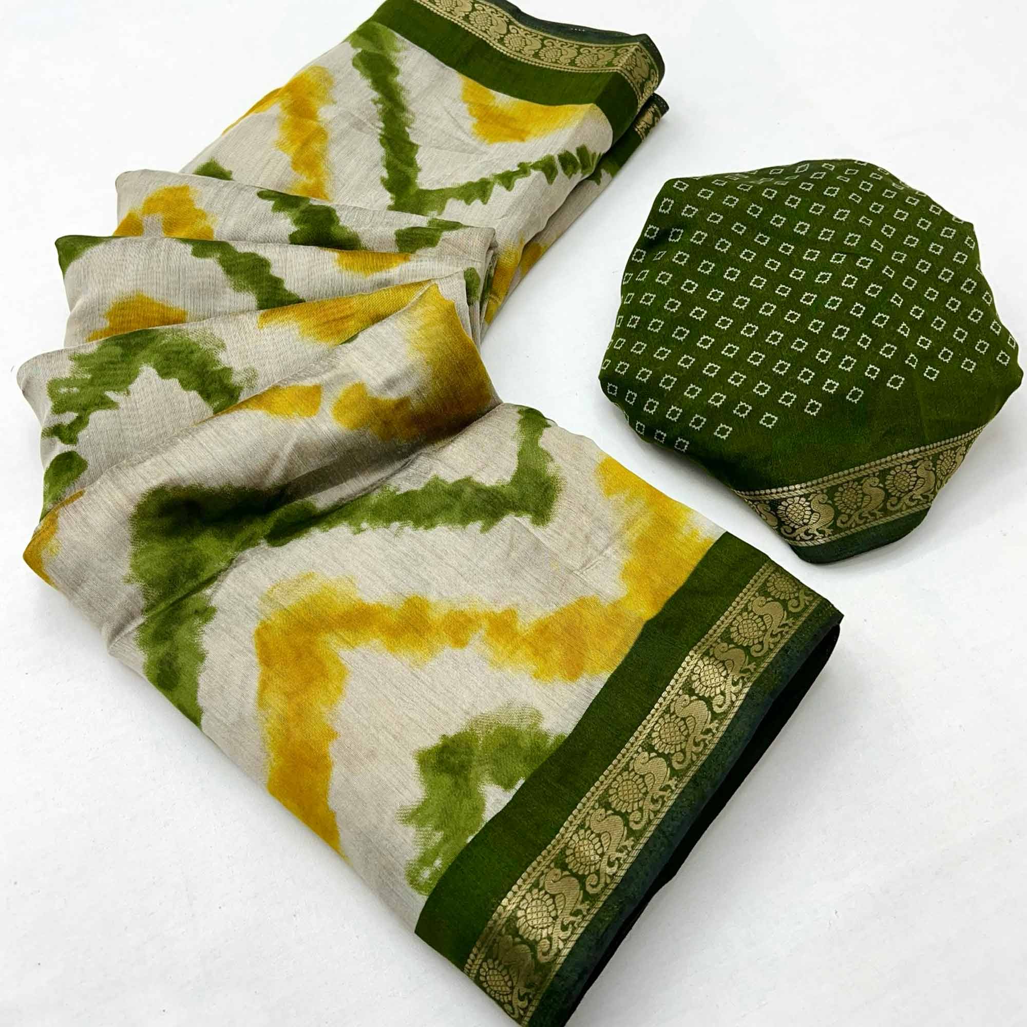 Off White & Green Dual Shade Saree with Artistic Leheriya Prints in Cotton Silk