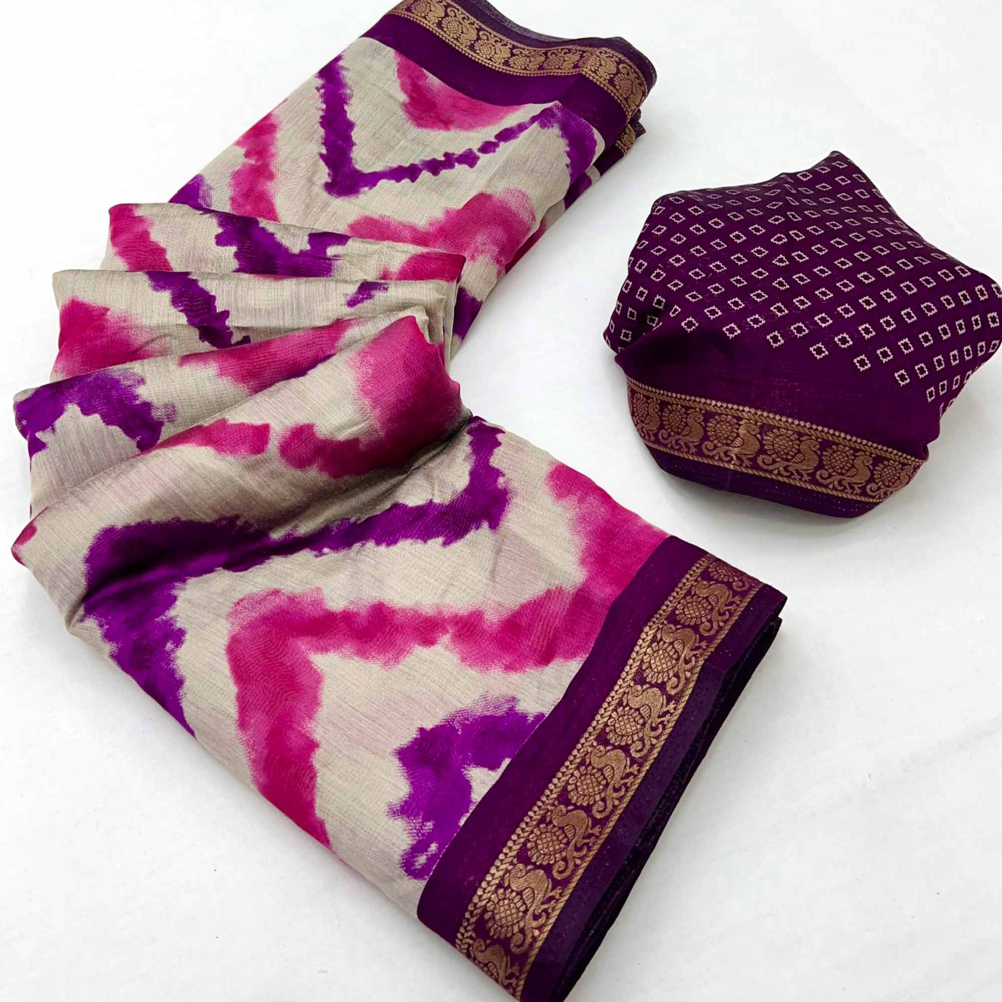 Off White & Purple Dual Shade Saree with Artistic Leheriya Prints in Cotton Silk