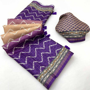 Beige & Violet Maheshwari Cotton Silk Saree with Zig-Zag Pattern