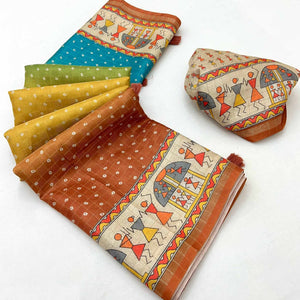 Multicolor Bandhani Printed Maheshwari Cotton Silk Saree for Festive Styling