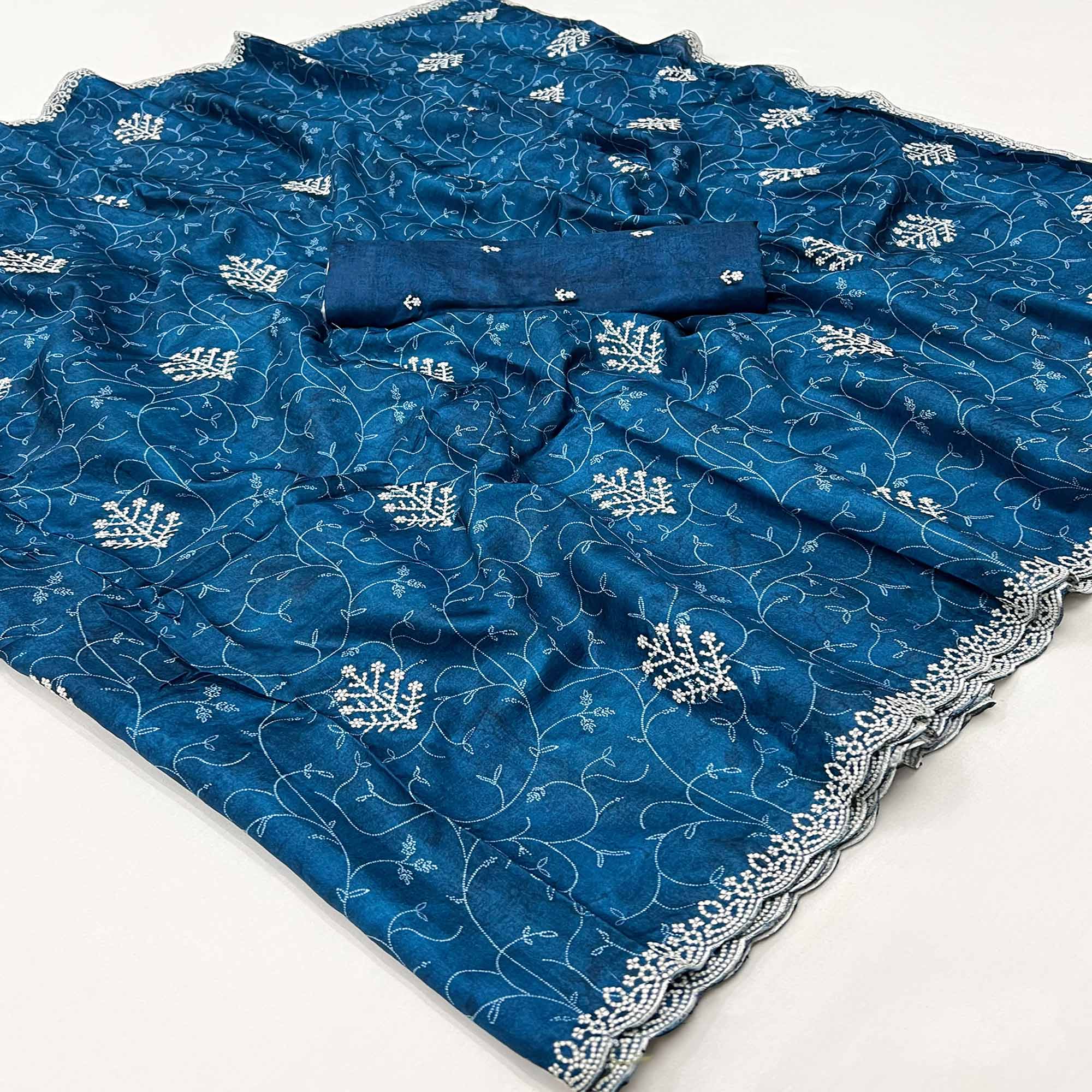 Blue Floral Embroidered Dola Silk Saree