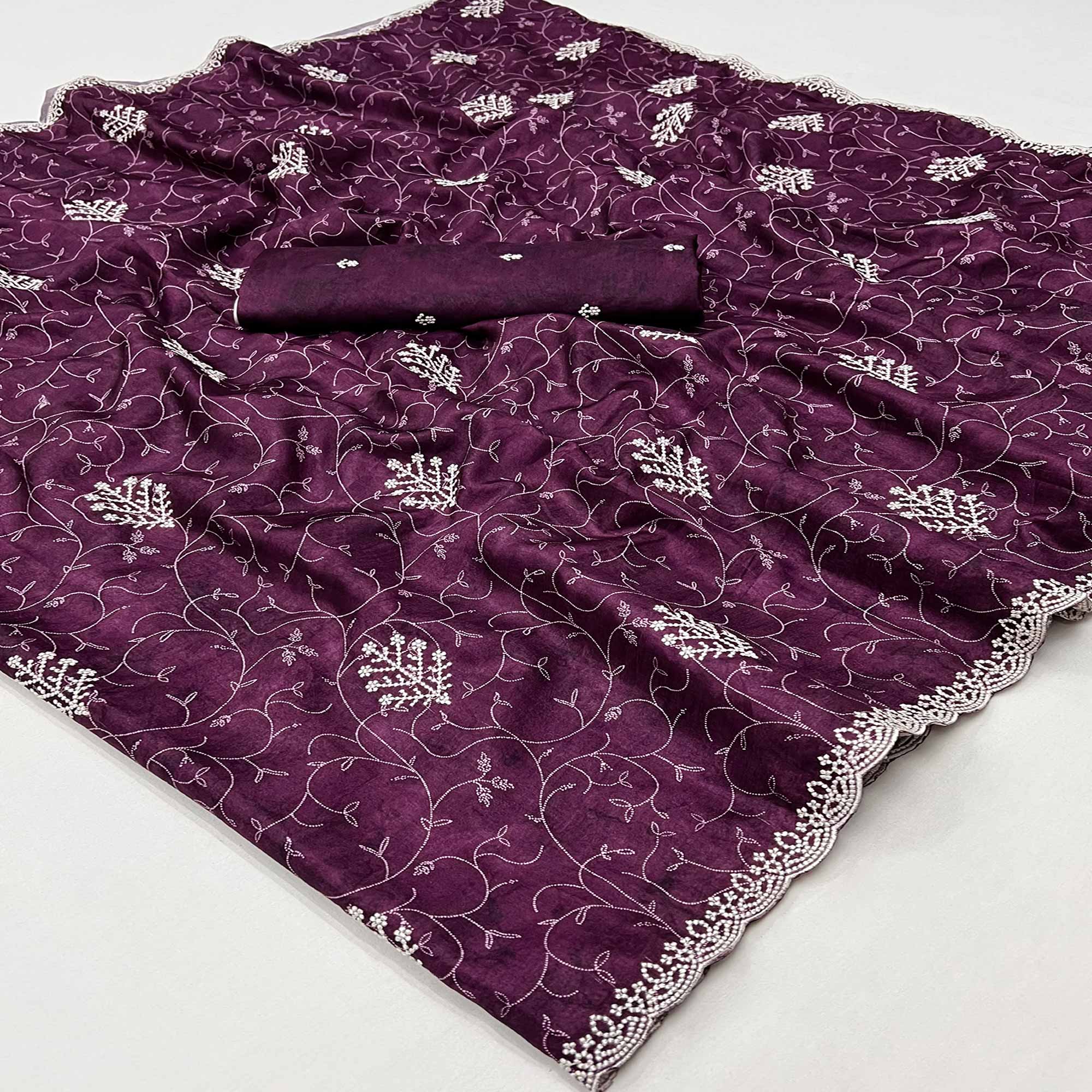 Purple Floral Embroidered Dola Silk Saree