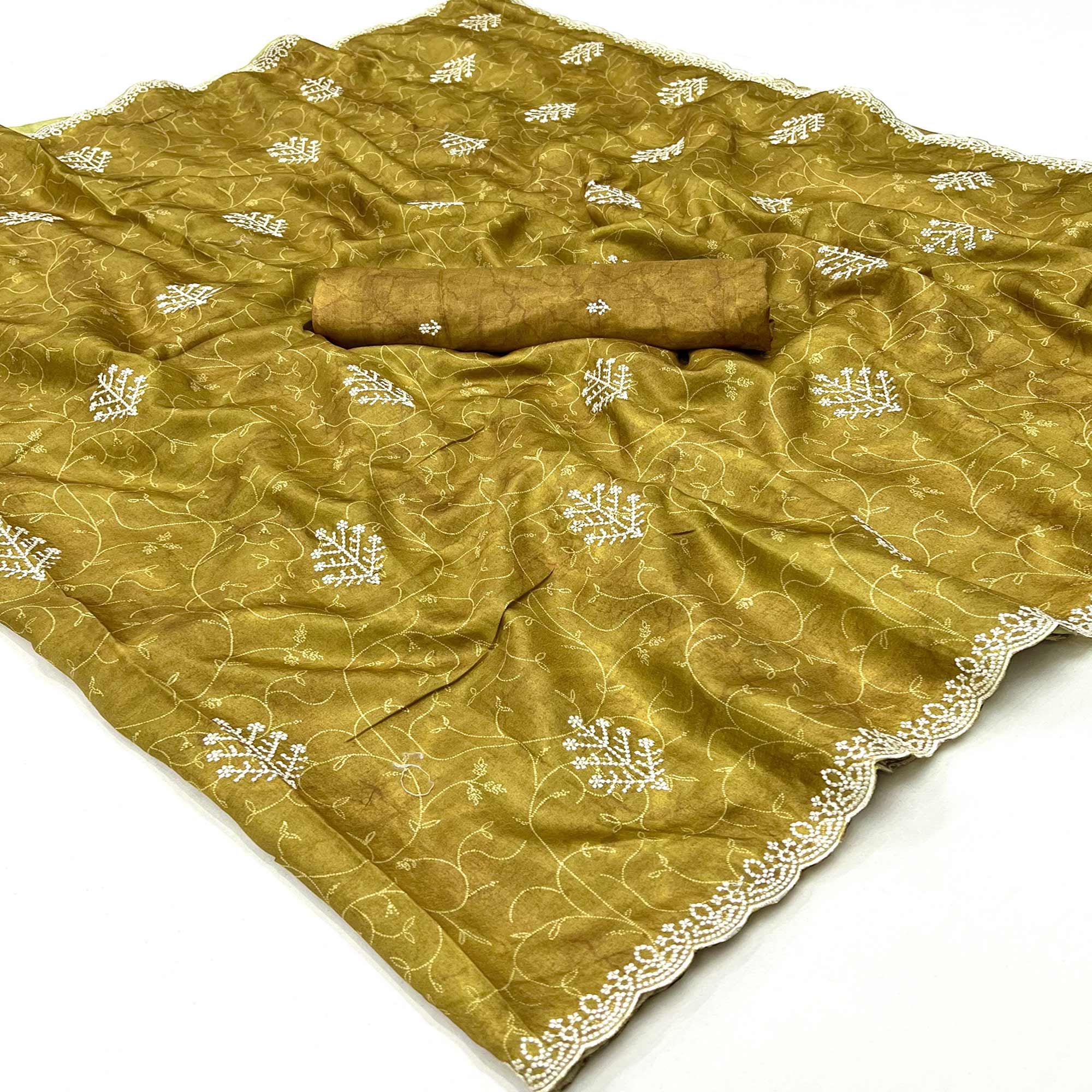 Mustard Floral Embroidered Dola Silk Saree