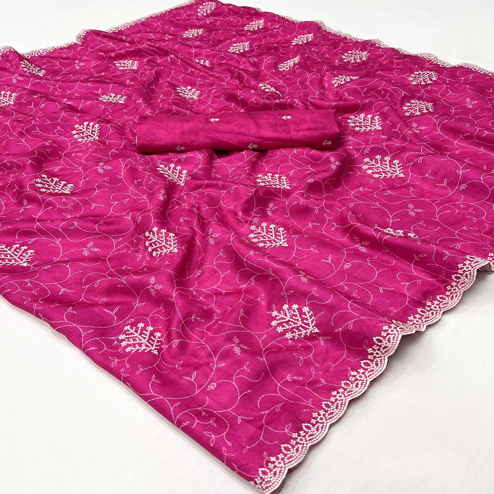 Pink Floral Embroidered Dola Silk Saree