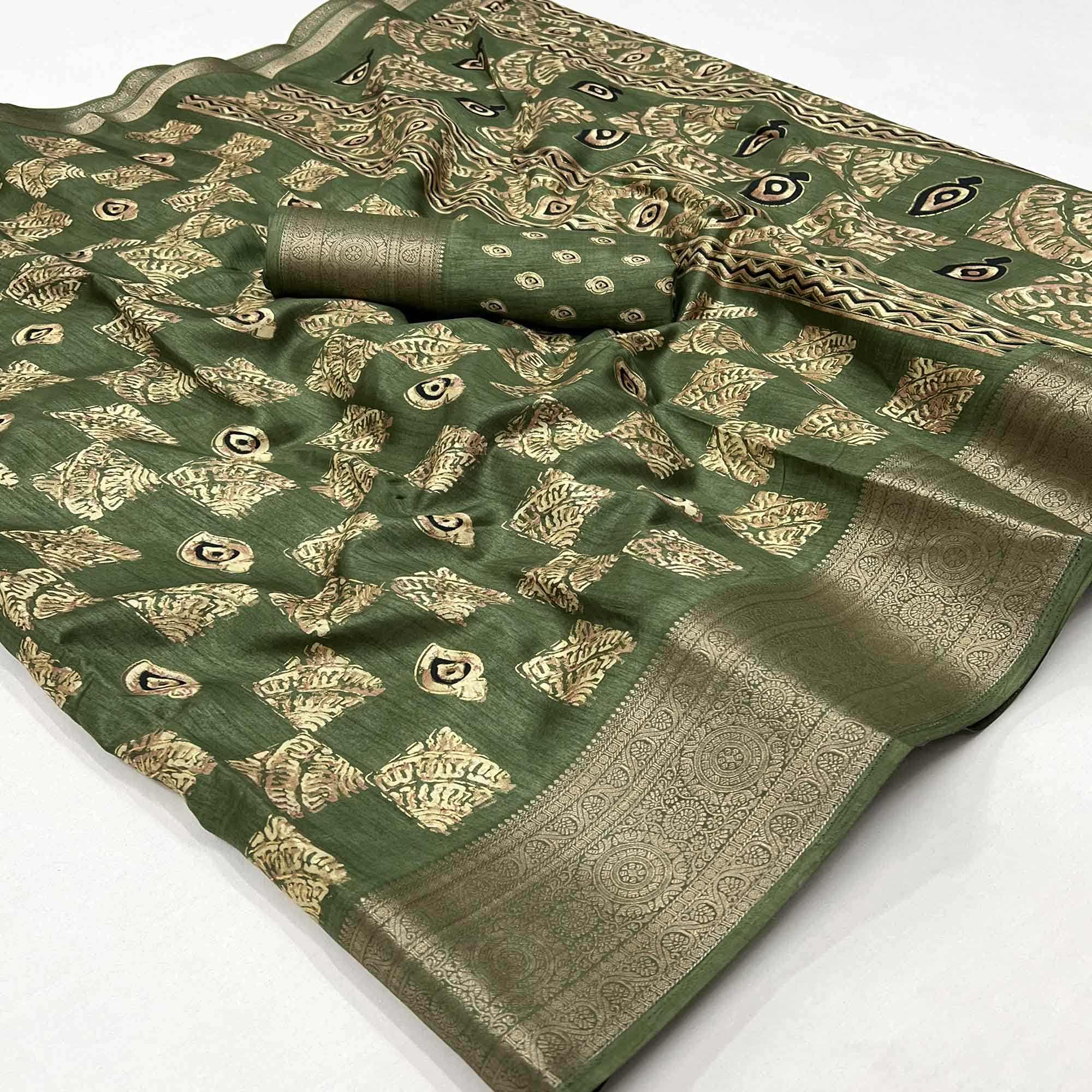 Green Foil Printed Dola Silk Saree With Jacquard Border
