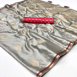Grey Woven Satin Saree With Tassels