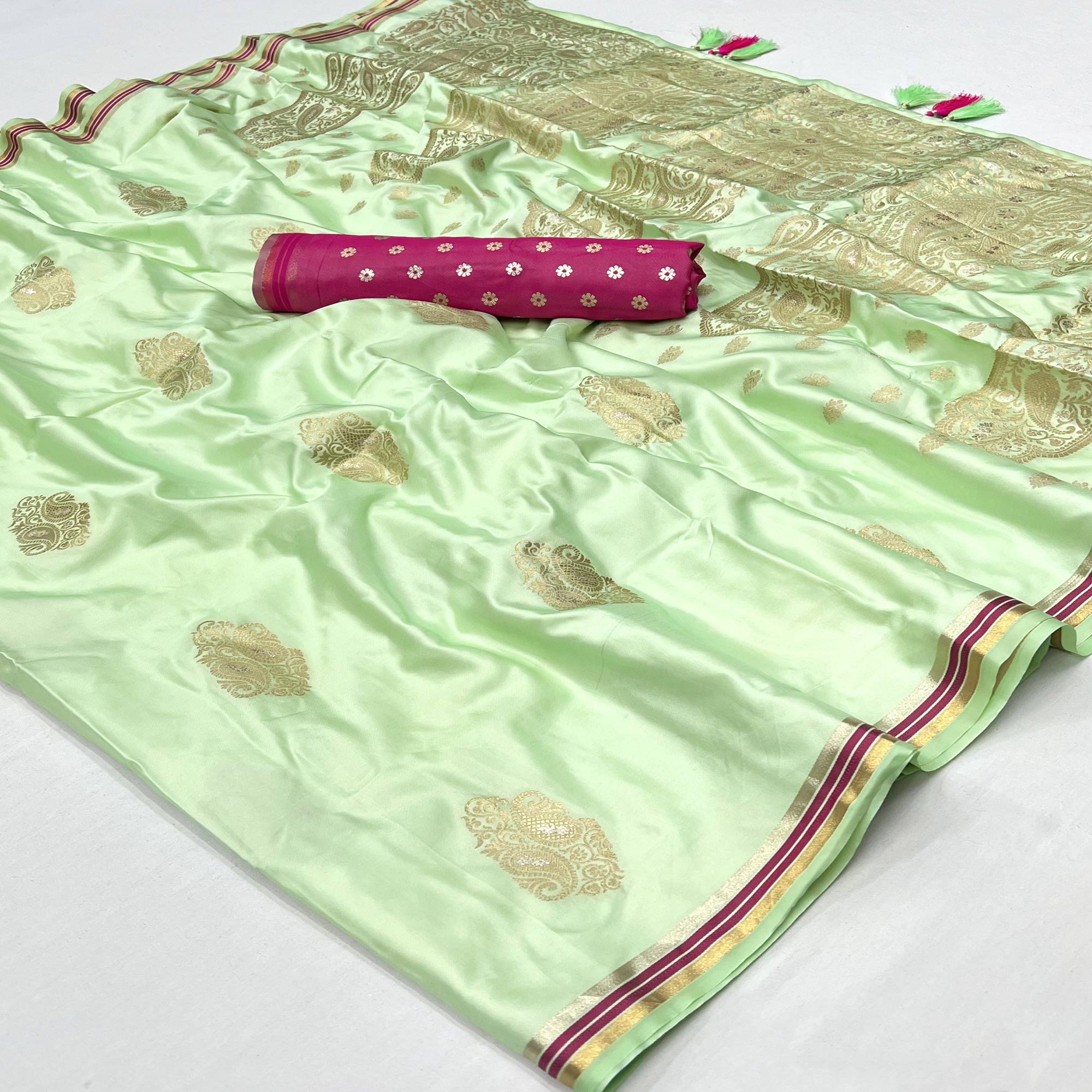 Mint Green Woven Satin Saree With Tassels