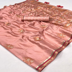 Peach Woven Satin Saree With Tassels