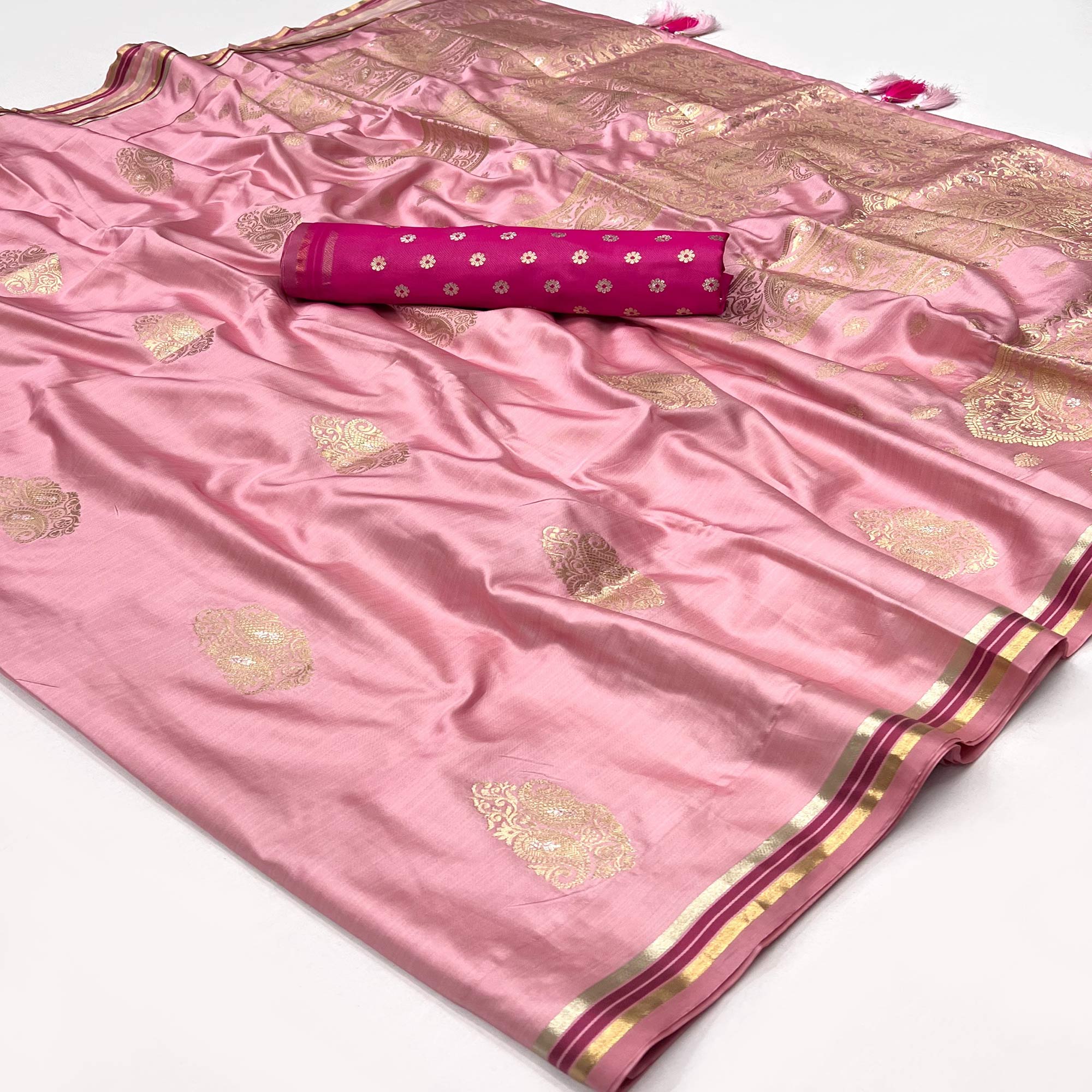 Pink Woven Satin Saree With Tassels