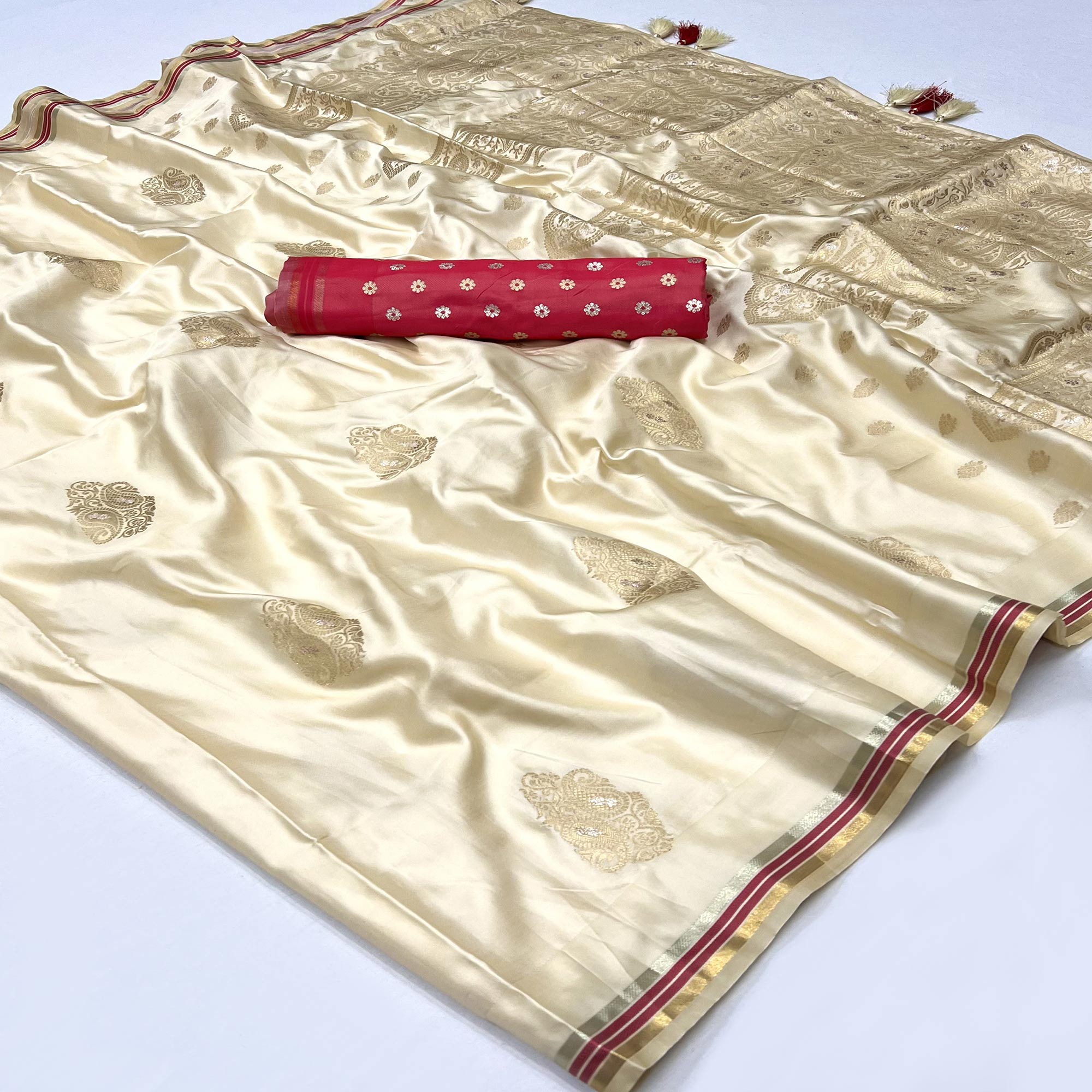 Cream Woven Satin Saree With Tassels