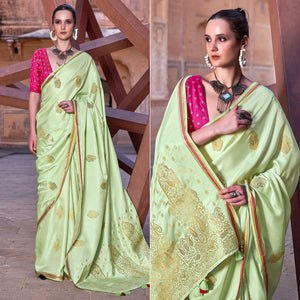 Green Woven Satin Saree With Tassels