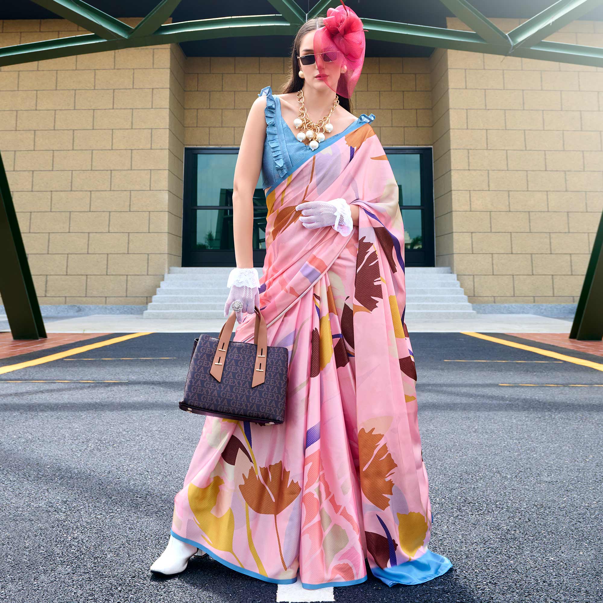 Peach Digital Printed Pure Satin Saree