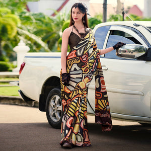 Dark Brown Digital Printed Pure Satin Saree