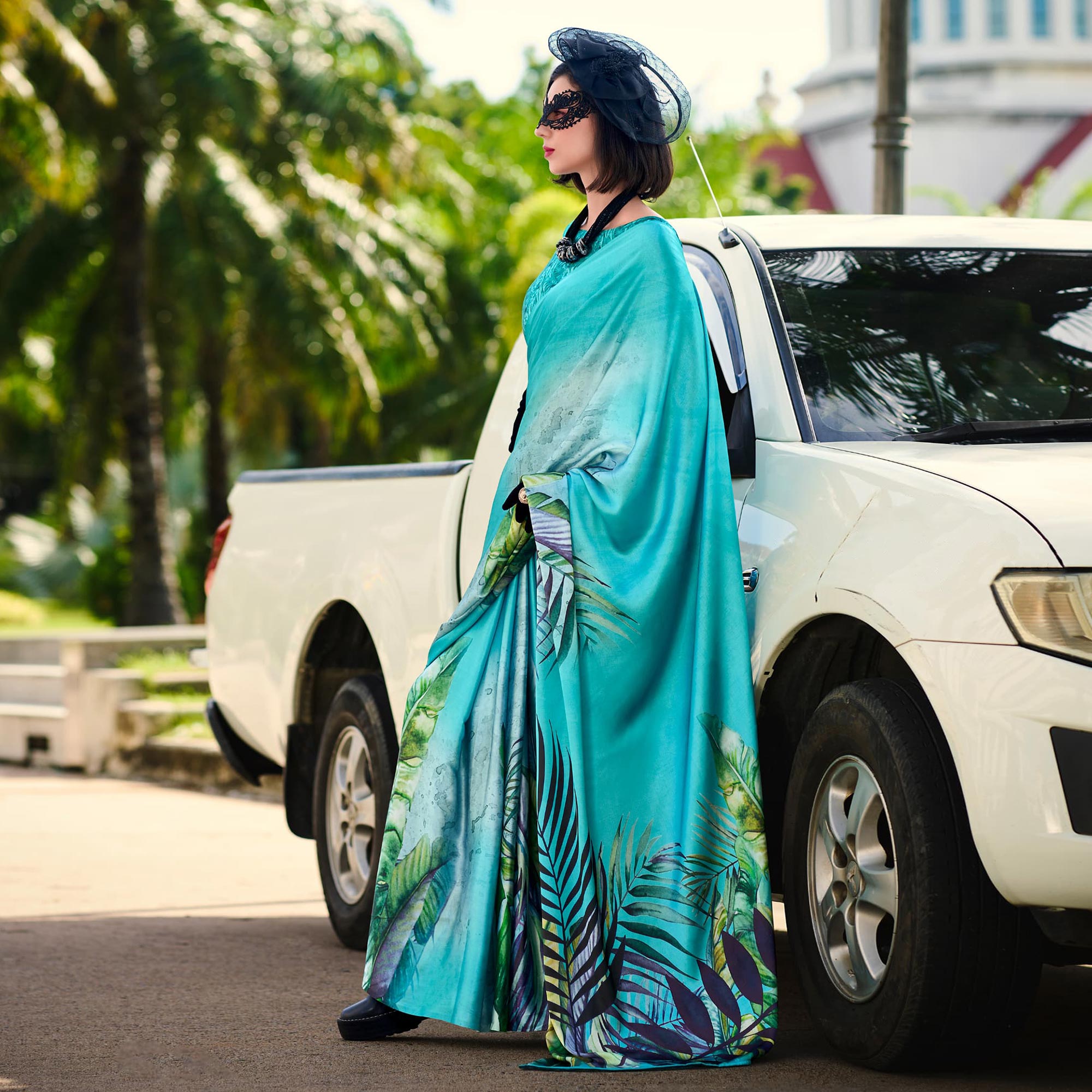 Turquoise Digital Printed Pure Satin Saree