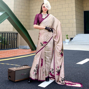 Beige Digital Printed Pure Satin Saree