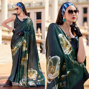 Green Digital Printed Pure Satin Saree