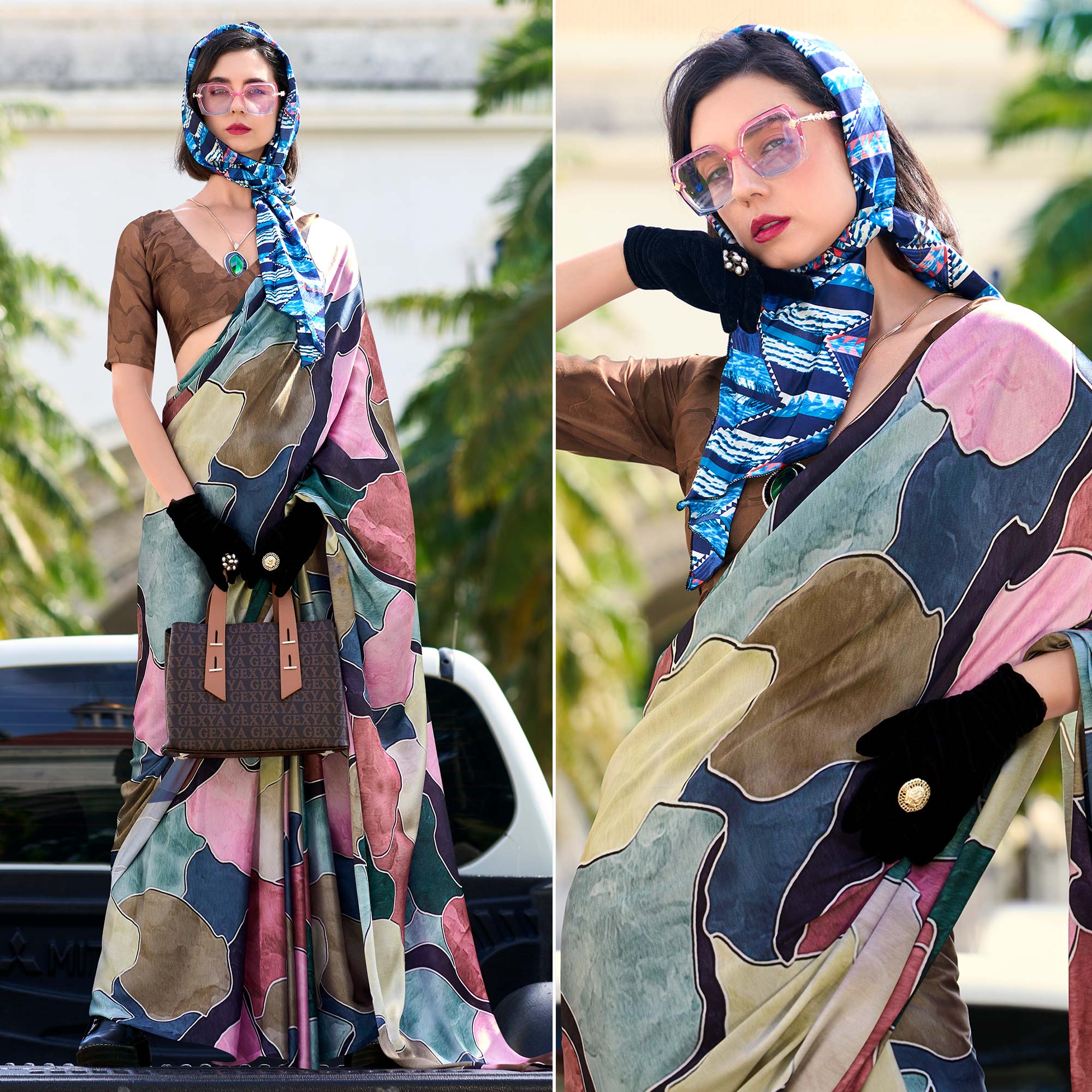 Multicolor Digital Printed Pure Satin Saree