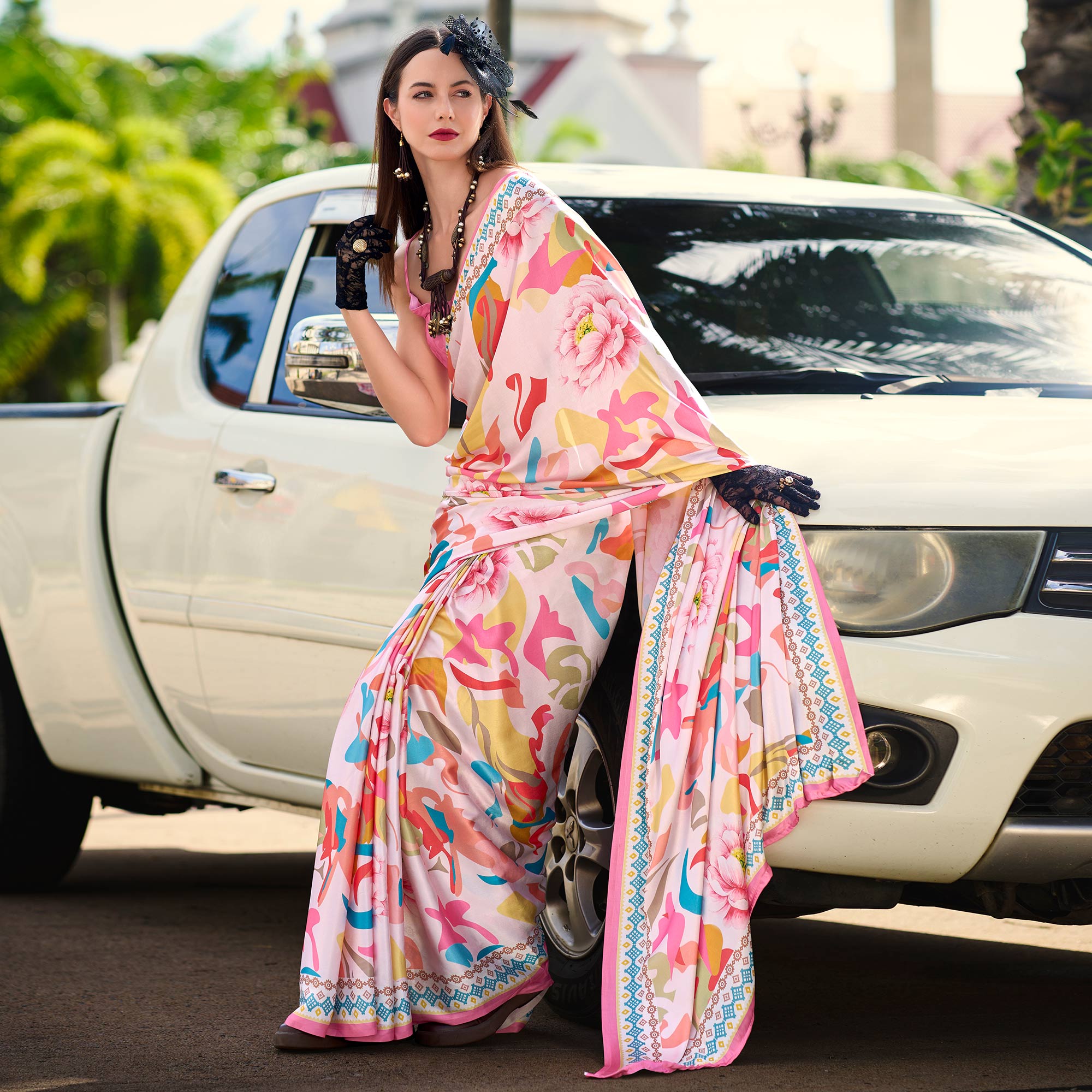 Light Pink Floral Digital Printed Pure Satin Saree