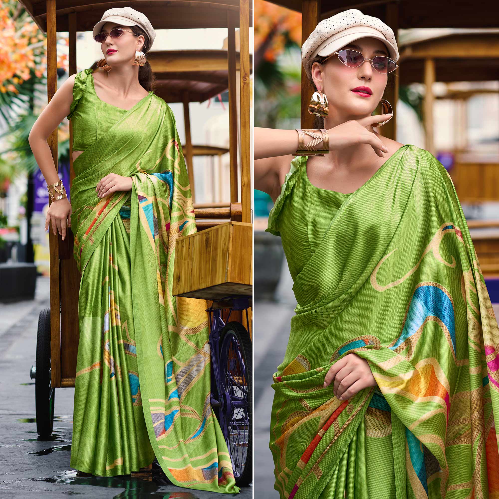 Green Digital Printed Pure Satin Saree