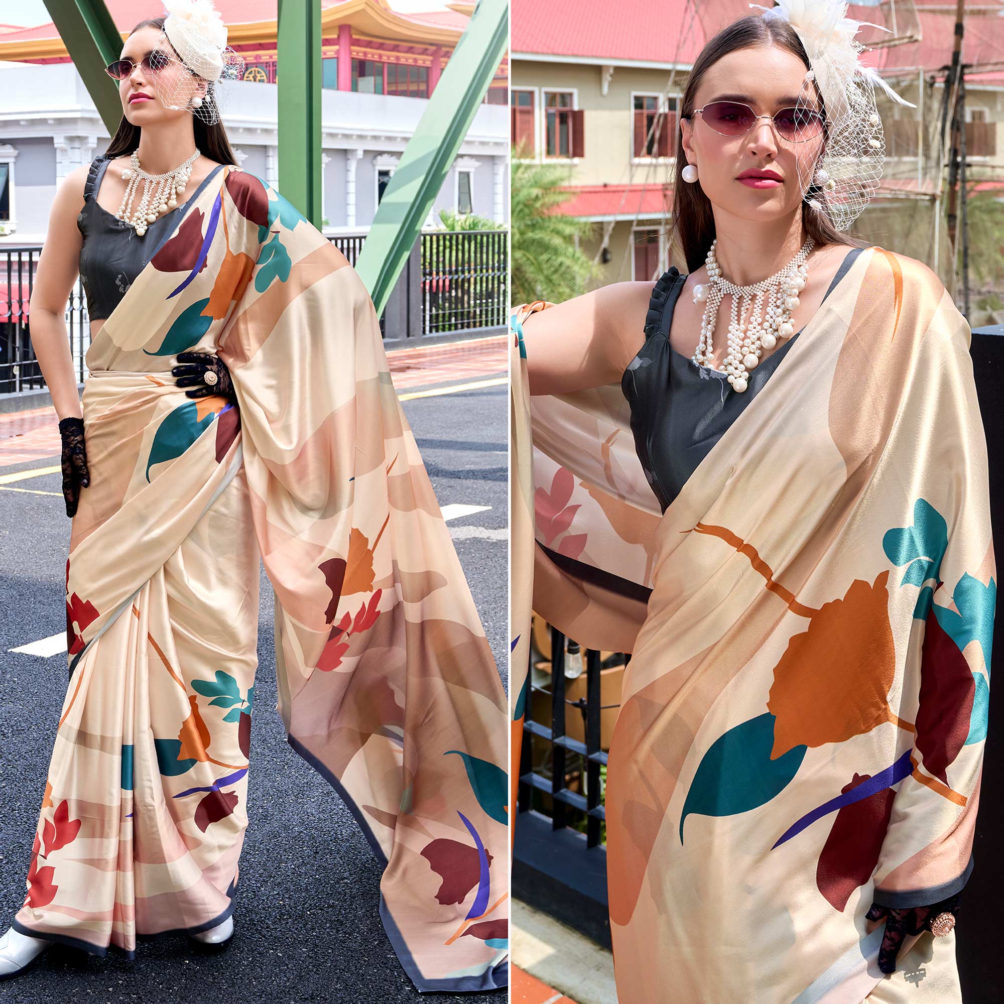 Cream Floral Digital Printed Pure Satin Saree