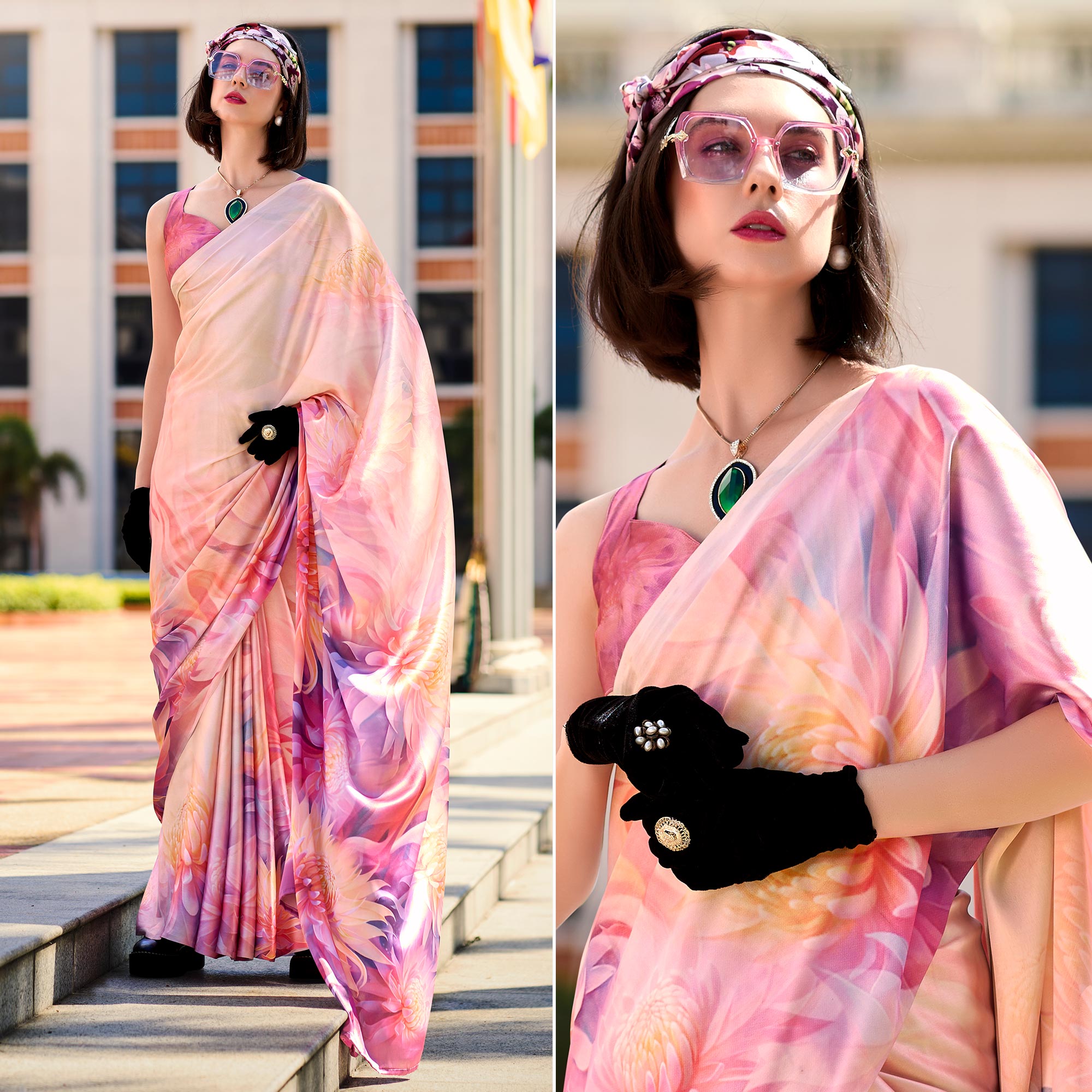 Peach Floral Digital Printed Pure Satin Saree