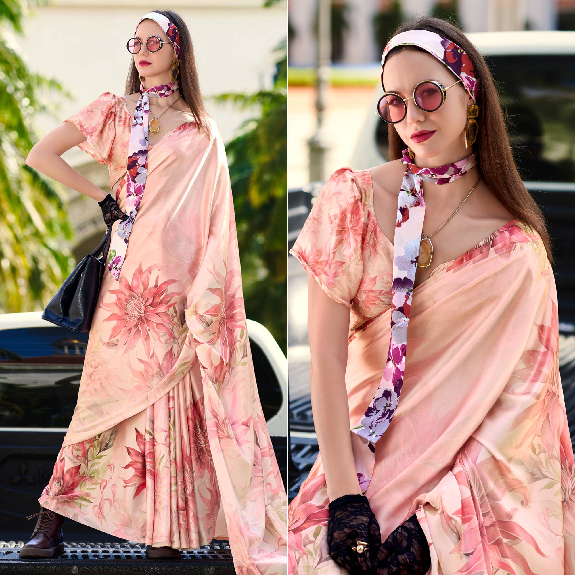 Peach Digital Printed Pure Satin Saree