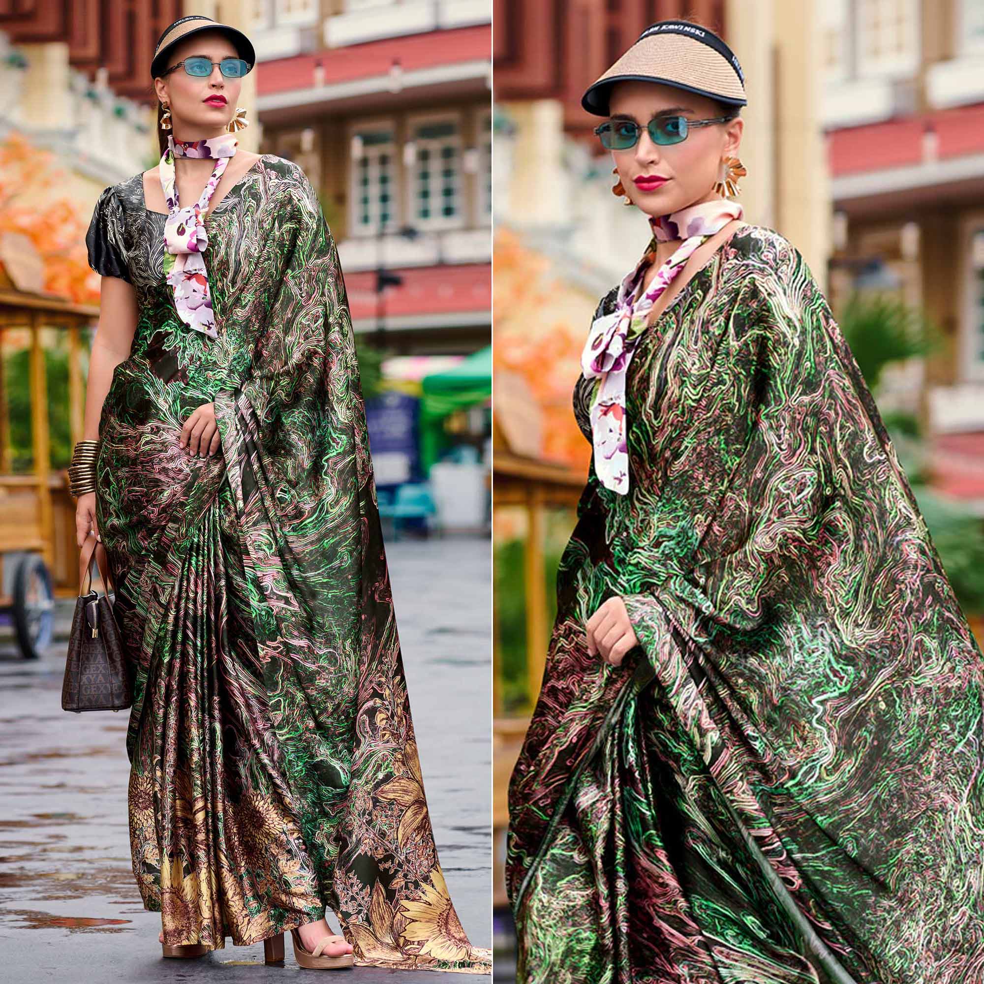Green Digital Printed Pure Satin Saree