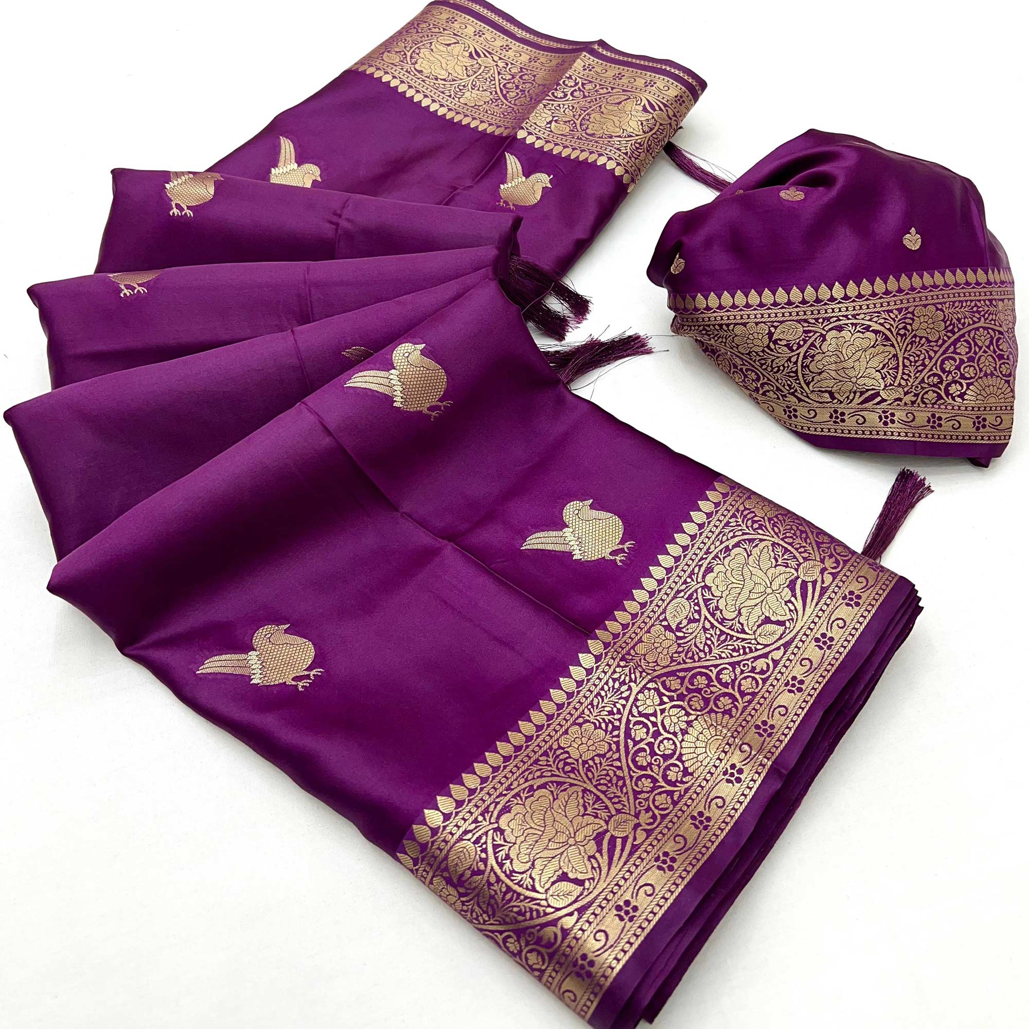 Purple Satin Silk Saree With Zari Woven Bird Motifs & Elegant Tassel Border