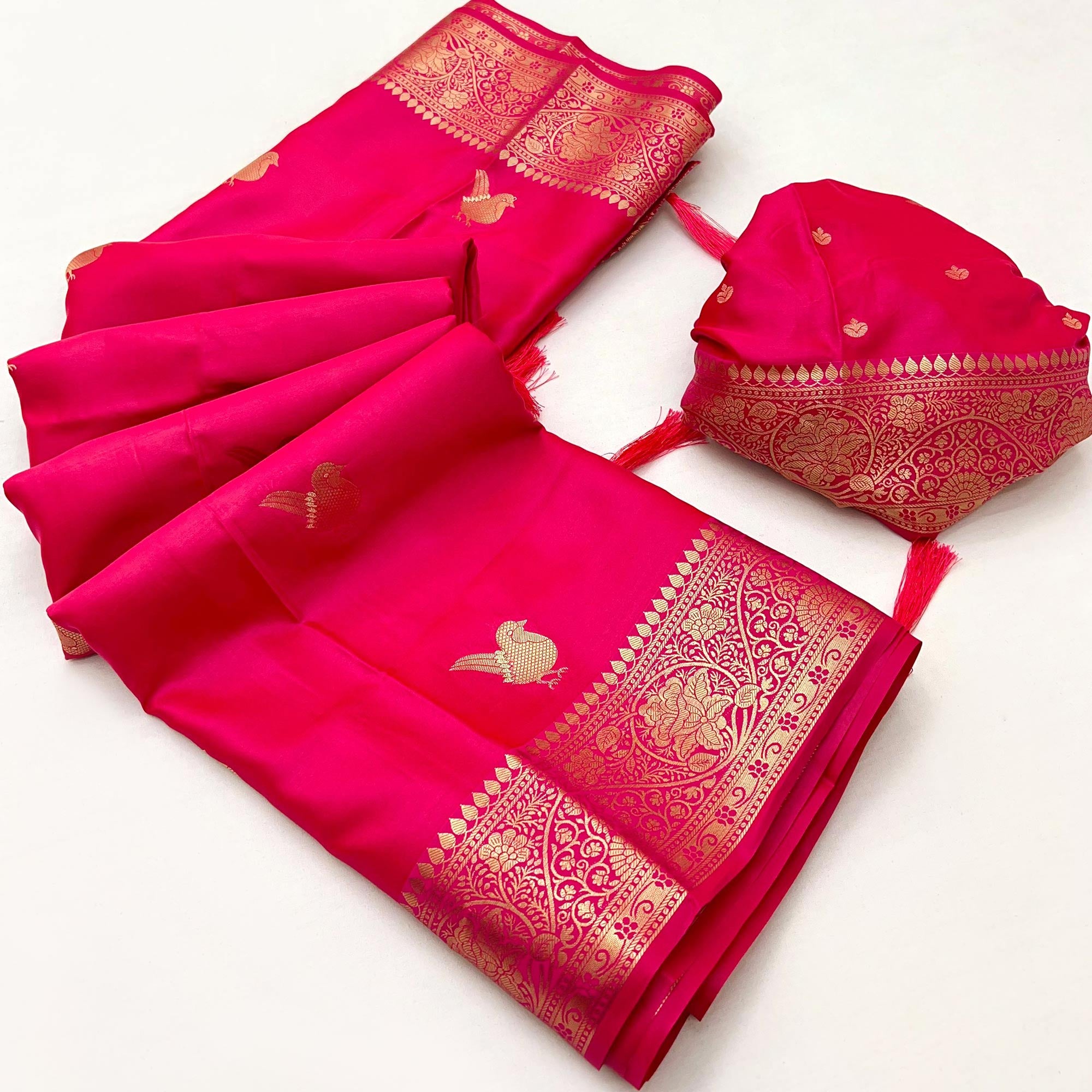 Pink Satin Silk Saree With Zari Woven Bird Motifs & Elegant Tassel Border
