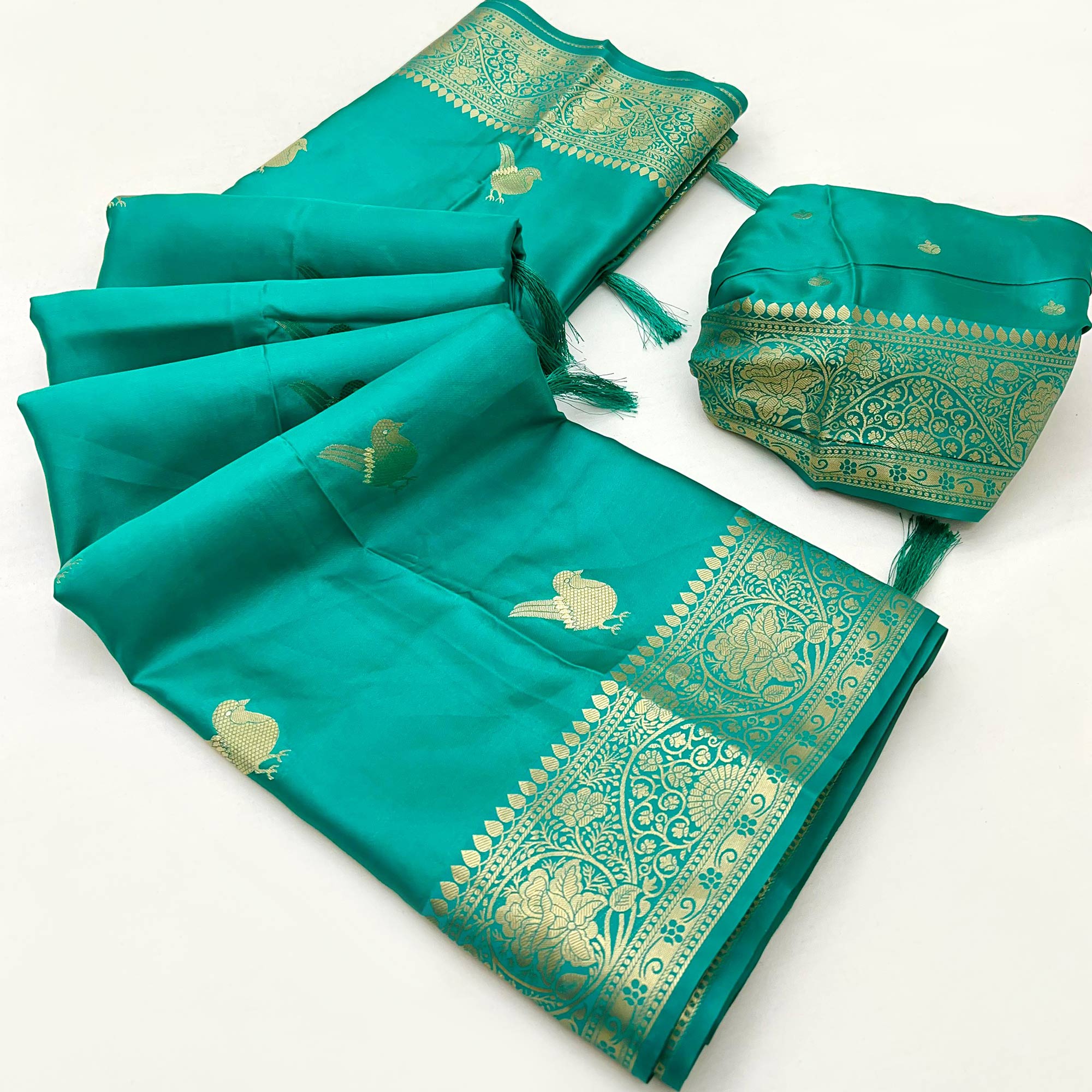 Rama Green Satin Silk Saree With Zari Woven Bird Motifs & Elegant Tassel Border