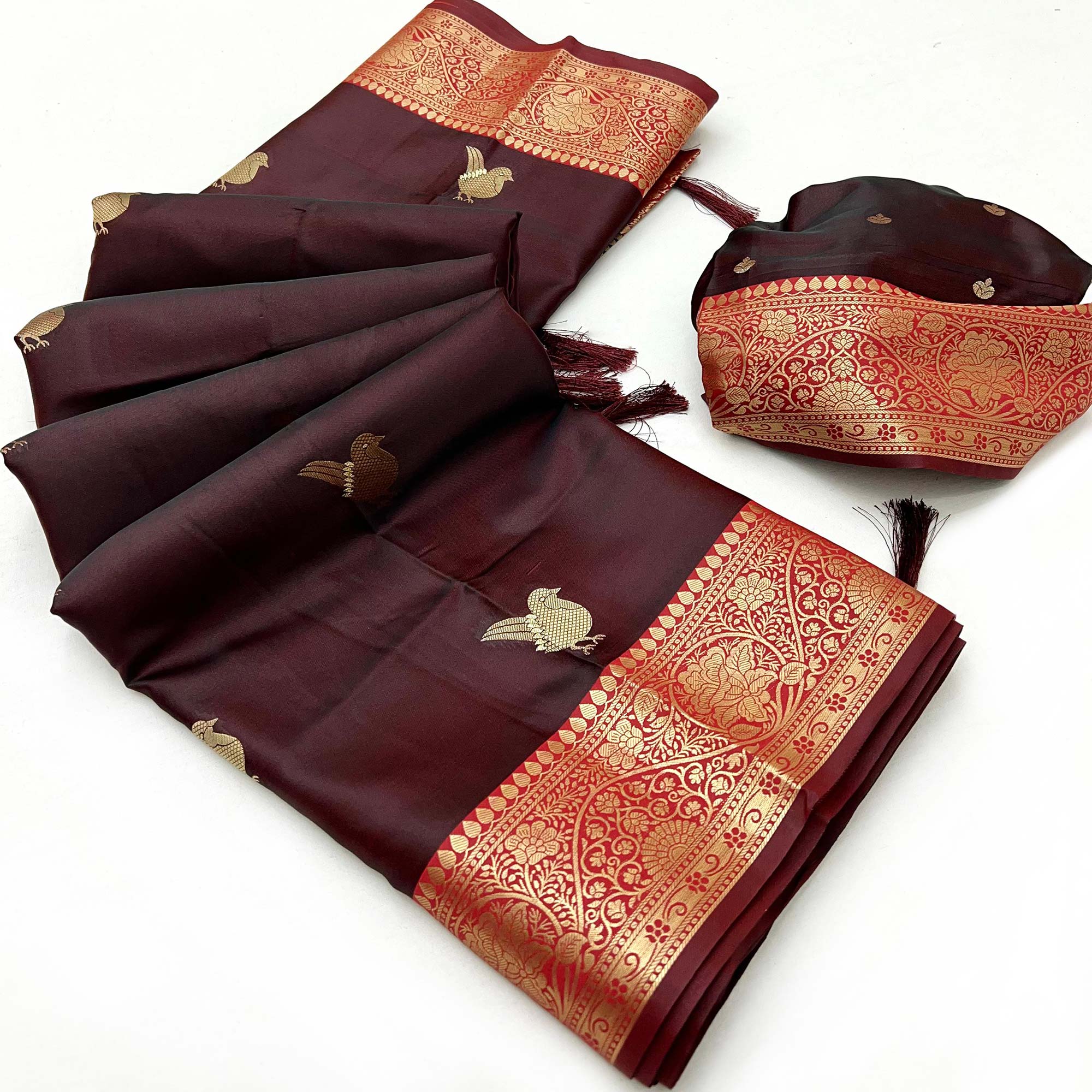 Dark Maroon Satin Silk Saree With Zari Woven Bird Motifs & Elegant Tassel Border