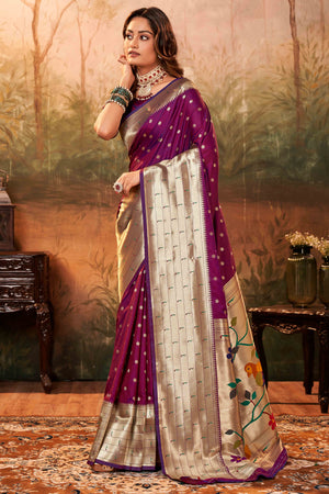 Purple Zari Weaving Pure Silk Paithani Saree
