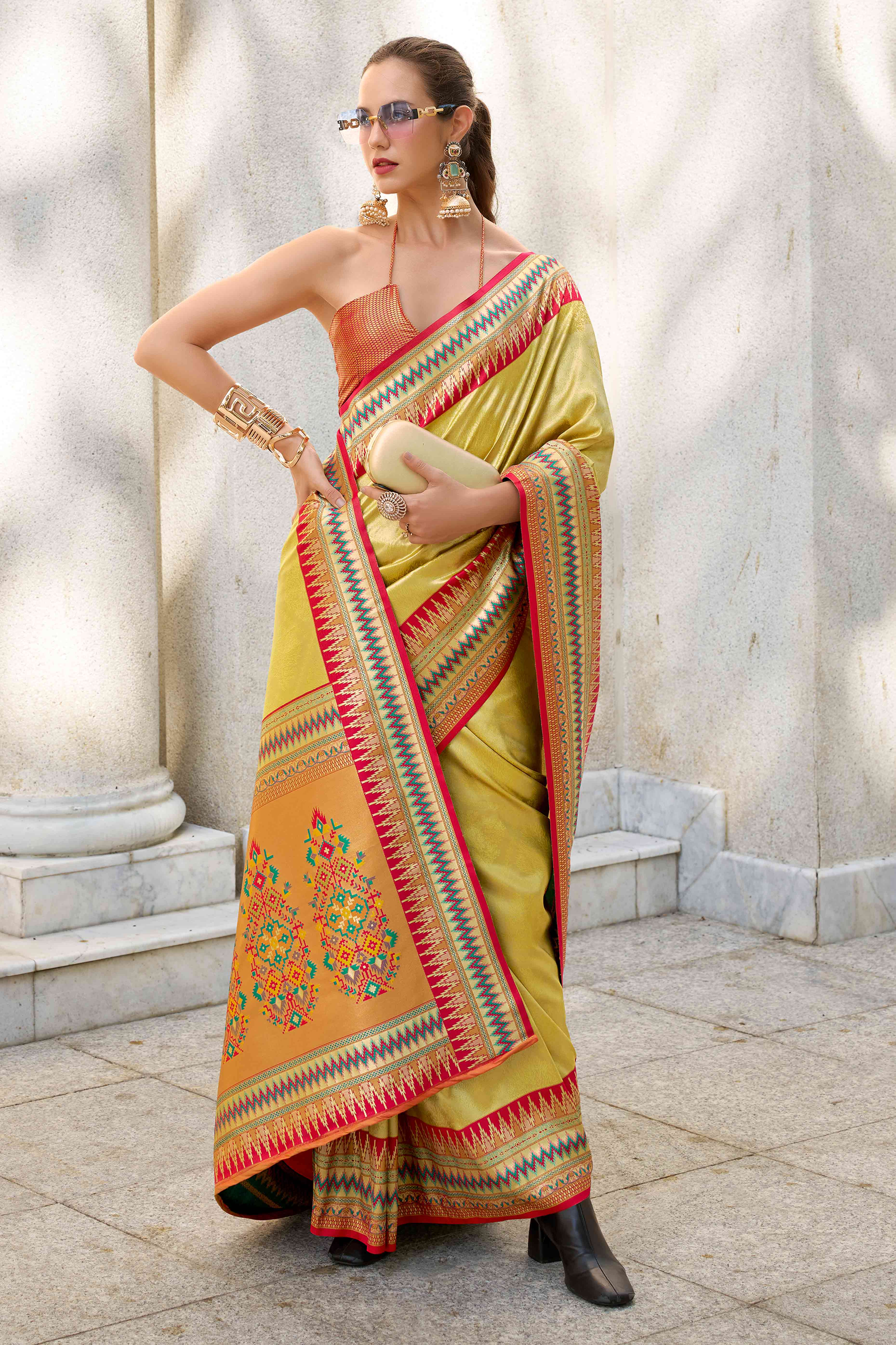 Mustard Zari Weaving Tissue Silk Saree