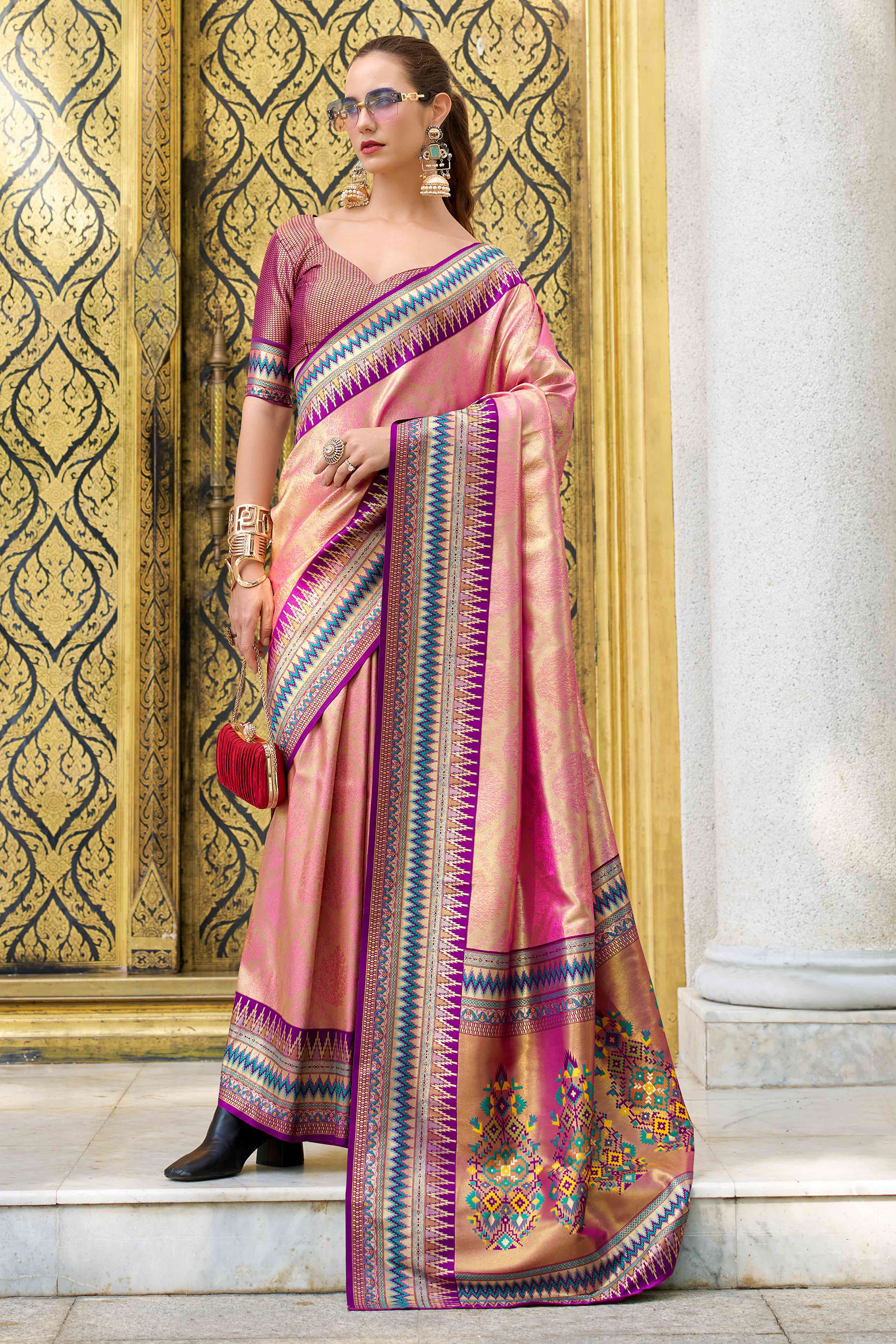 Pink Zari Weaving Tissue Silk Saree